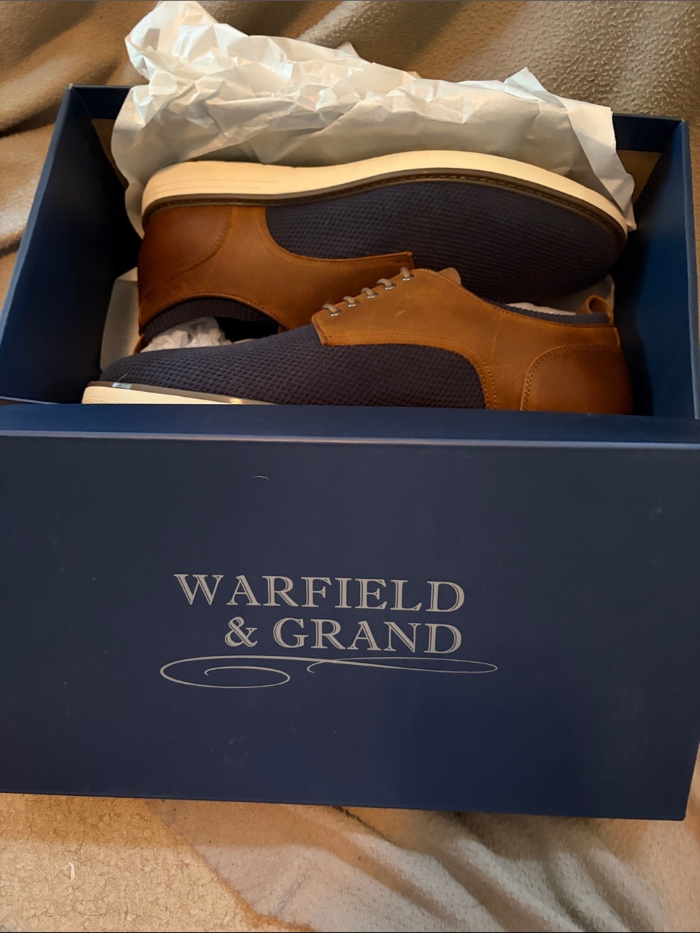 Warfield & Grand Navy and Brown Knit Leather Oxfords